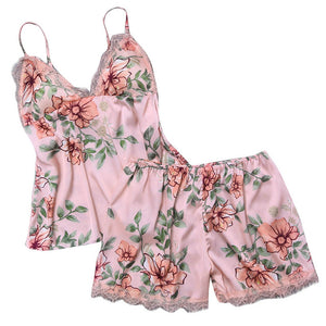 Summer nightgown pyjamas Women Silk Satin Sleepwear Sexy Flower Lace Lingerie Set V-neck Temptation Underwear Pajamas gecelik