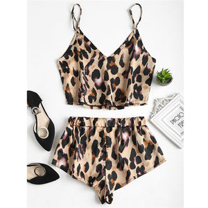 Two Piece Leopard Summer Thin Stripe Satin Pyjamas